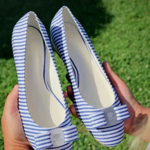 Ballerina in Tessuto Bianco a Righe Blu
